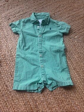 Ralph Lauren Green Gingham Short-Sleeve Romper, 6 mo